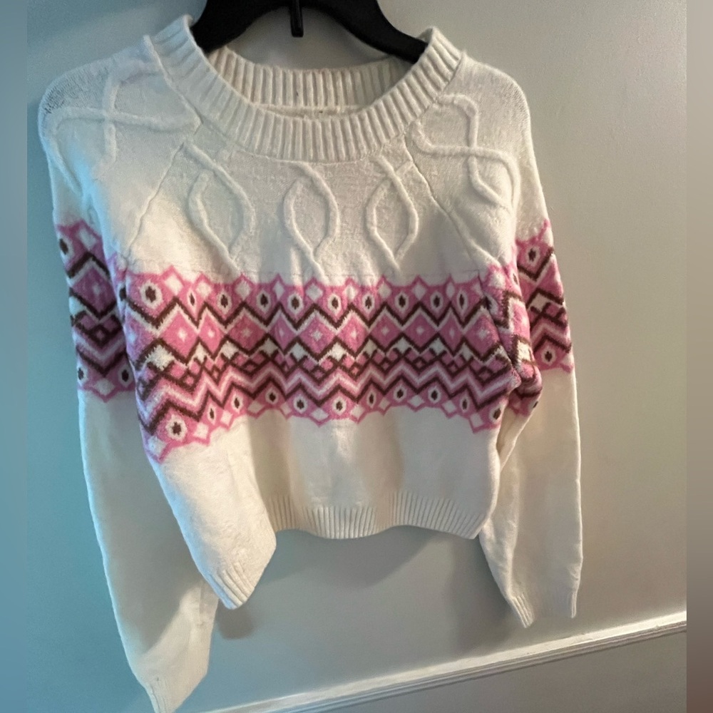 No Boundaries Pink and White Geometric Sweater